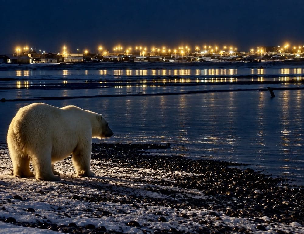 Polar bear with the village lights of Kaktovik, Alaska, across the water