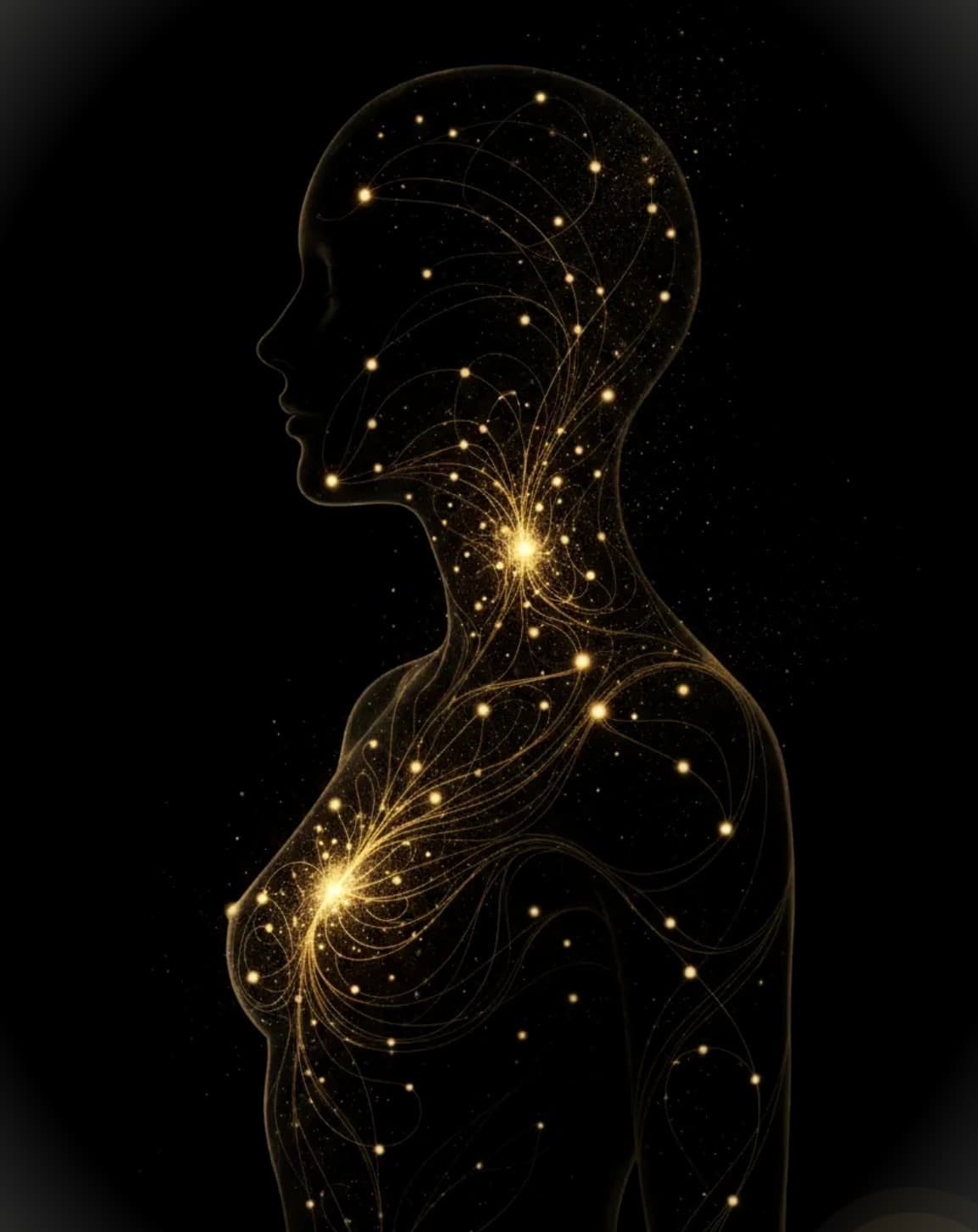 Side-profile silhouette of a woman with a luminous gold constellation of nodes and delicate threads radiating from her chest, throat and head