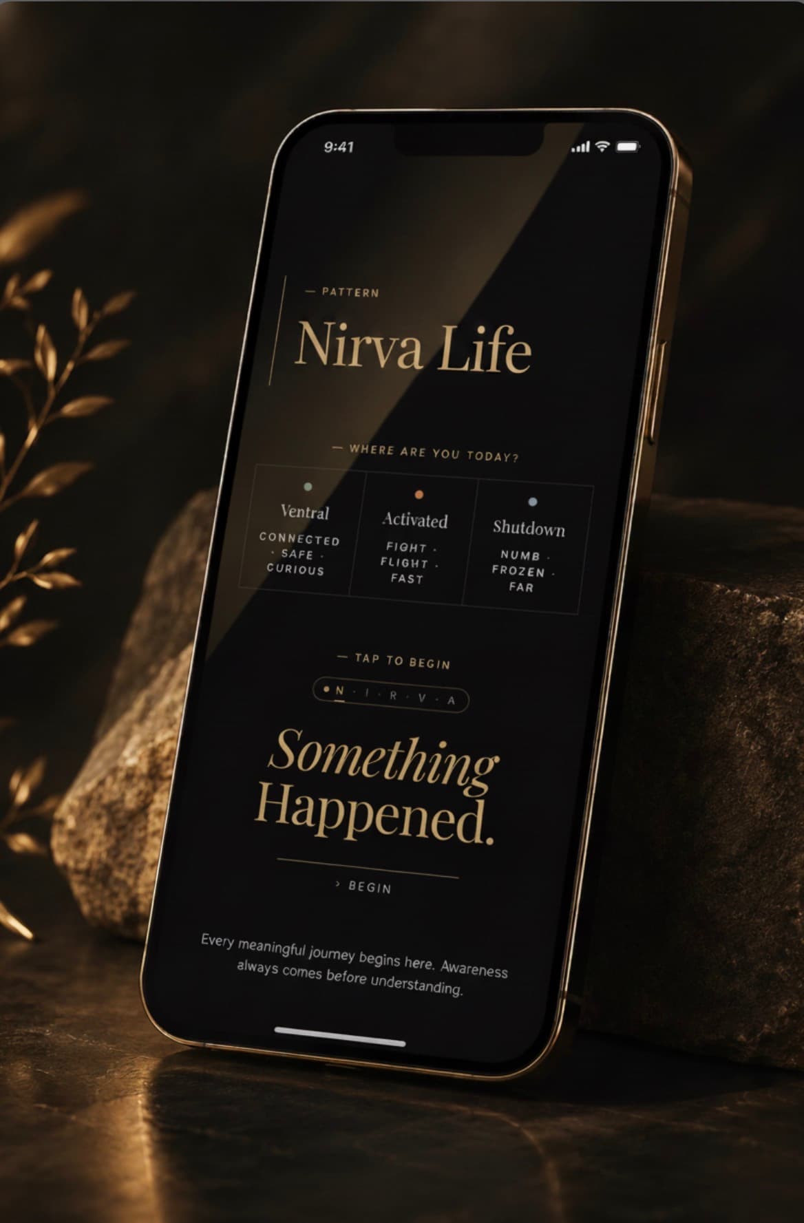 iPhone leaning against a stone in warm golden light, showing the I’mPossible app with "Nirva Life" at the top and the "Something Happened" welcome screen below