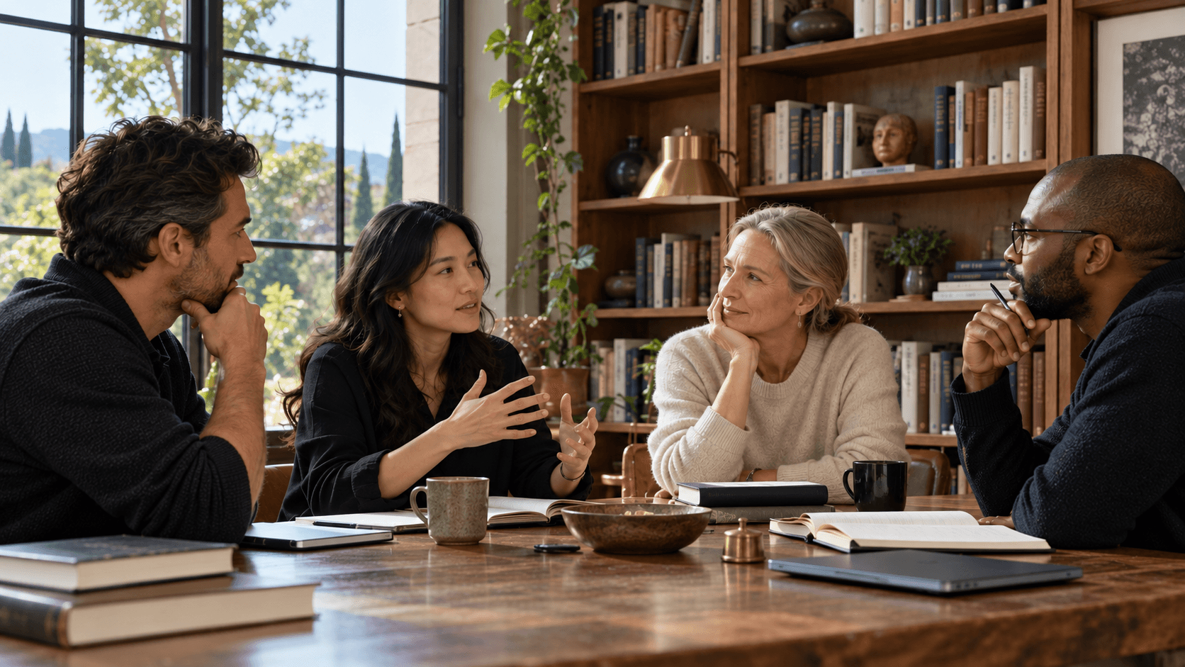 An illustrative scene of educators and researchers sharing ideas around a library table