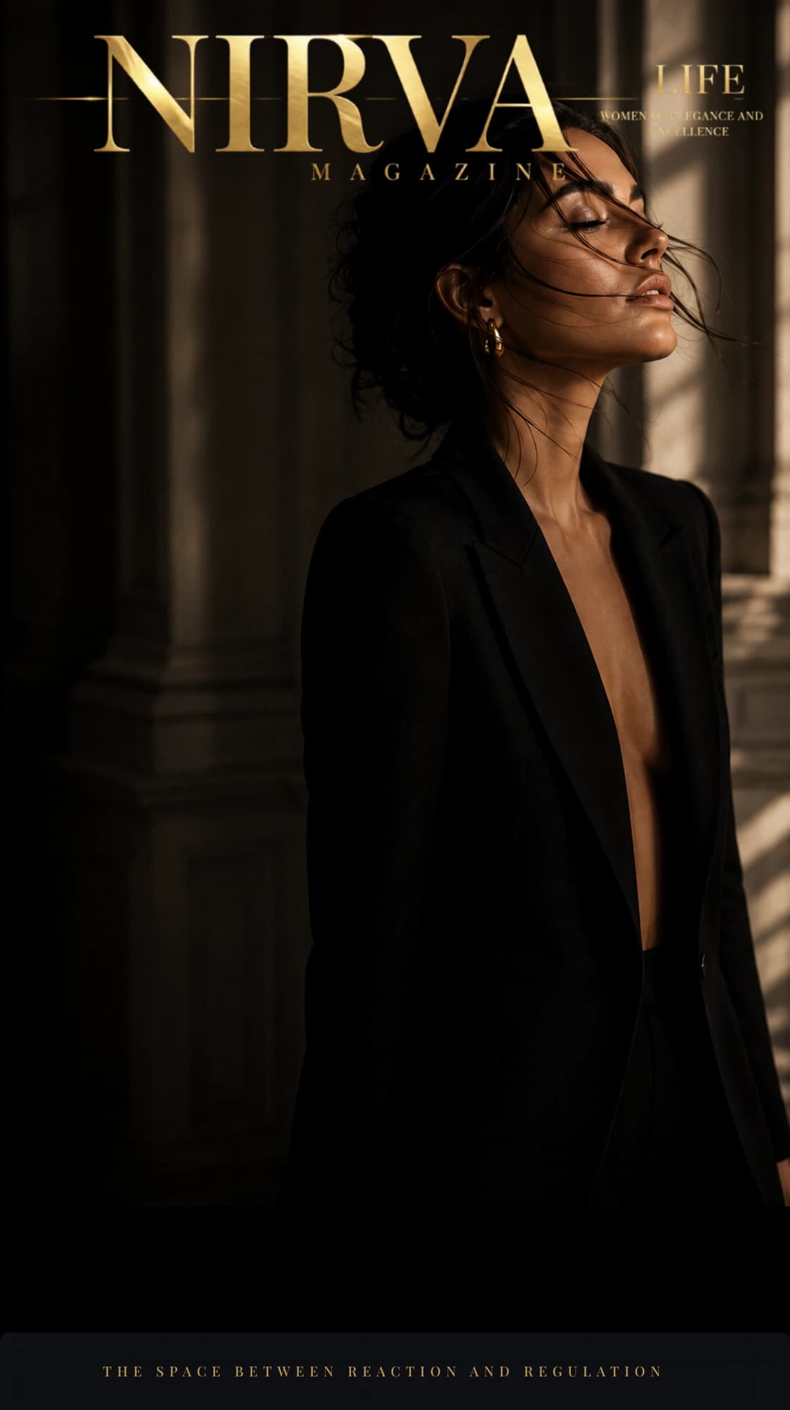 NIRVA Life Magazine cover — a woman in a black blazer bathed in warm golden colonnade light