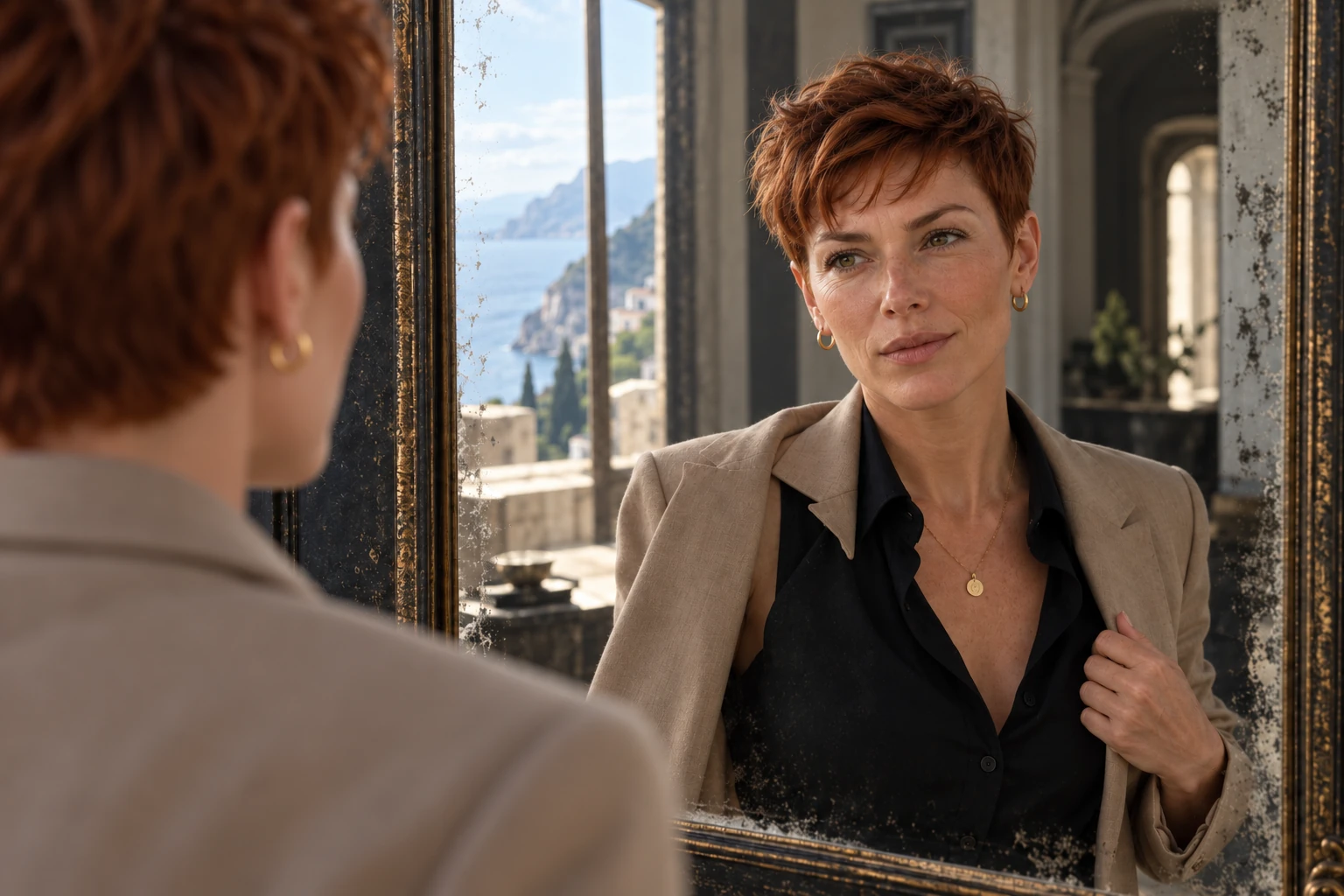 A woman meets her own reflection with a small, knowing smile.
