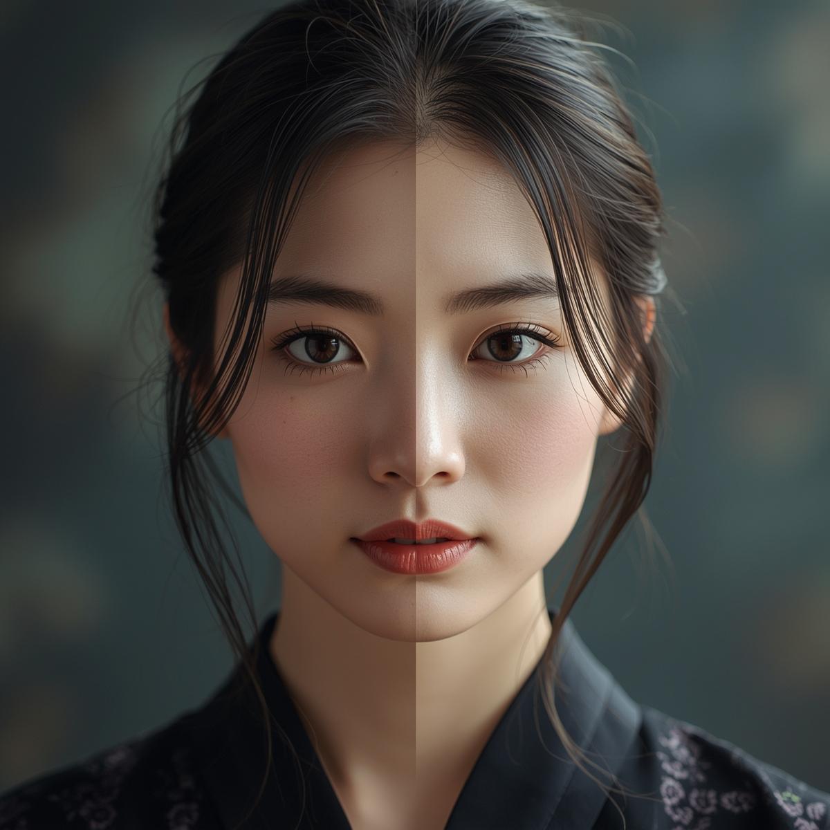 A split-face portrait: the same face rendered as two subtly different versions, evoking the coexistence of the Innate, Core, Conditioned, and Aligned Perspectives.