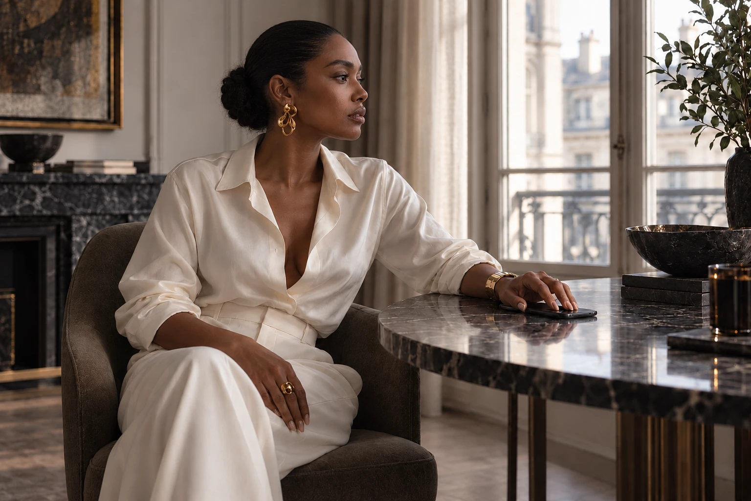 A woman pauses by the window, her hand resting on her phone.